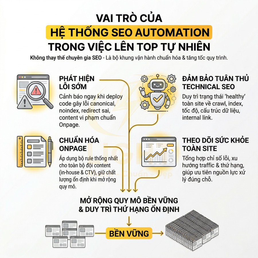 Infographic vai trò hệ thống SEO automation trong phát hiện lỗi, chuẩn hóa onpage, technical SEO và theo dõi sức khỏe website