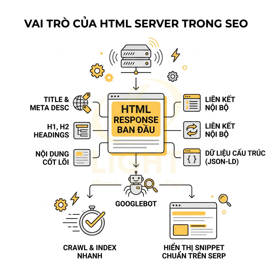 Vai trò của HTML server trong SEO với HTML response ban đầu giúp Googlebot crawl nhanh và hiển thị snippet chuẩn