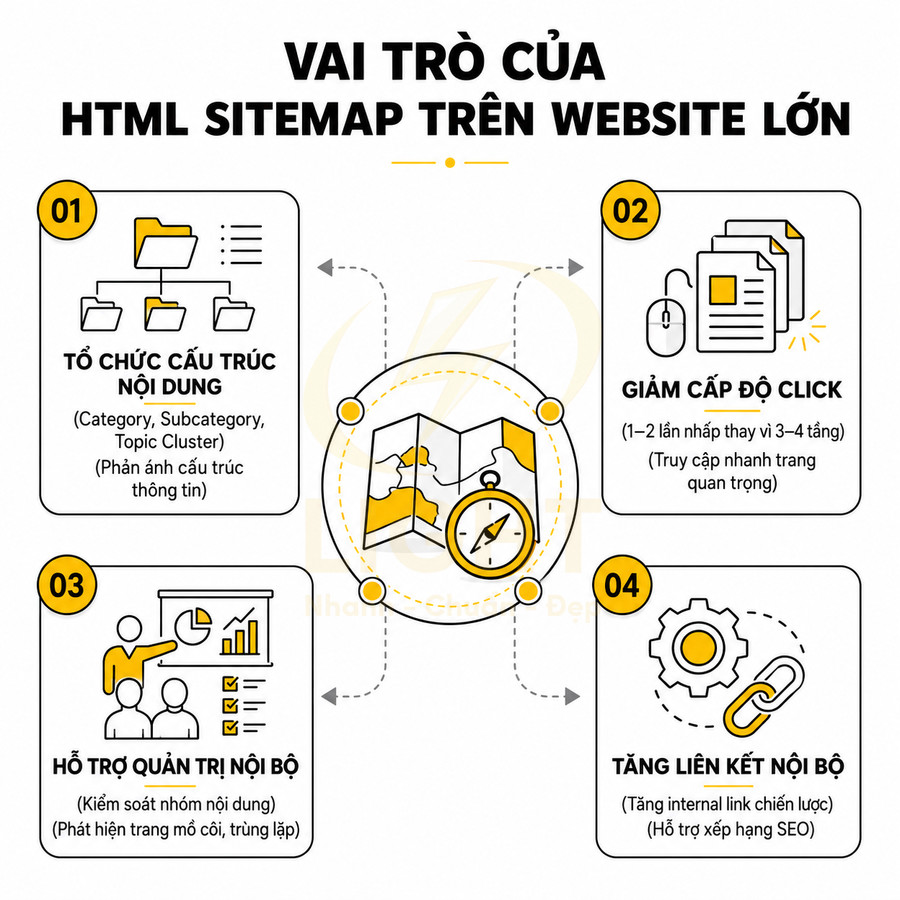 Vai trò của HTML sitemap trên website lớn với 4 lợi ích về cấu trúc nội dung, click, quản trị và liên kết nội bộ