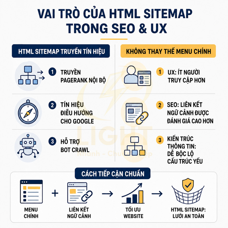 Infographic vai trò của HTML sitemap trong SEO và UX, lợi ích truyền tín hiệu và cách tiếp cận chuẩn tối ưu website
