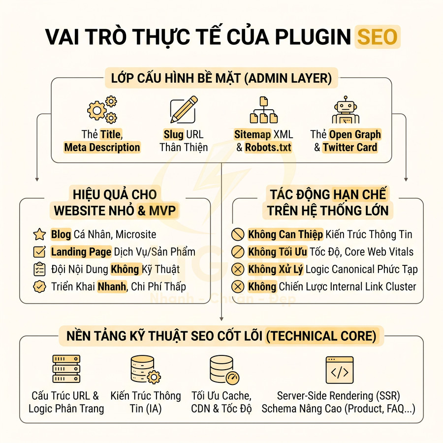 Infographic vai trò plugin SEO, cấu hình title, meta, sitemap, slug và giới hạn so với nền tảng kỹ thuật SEO cốt lõi