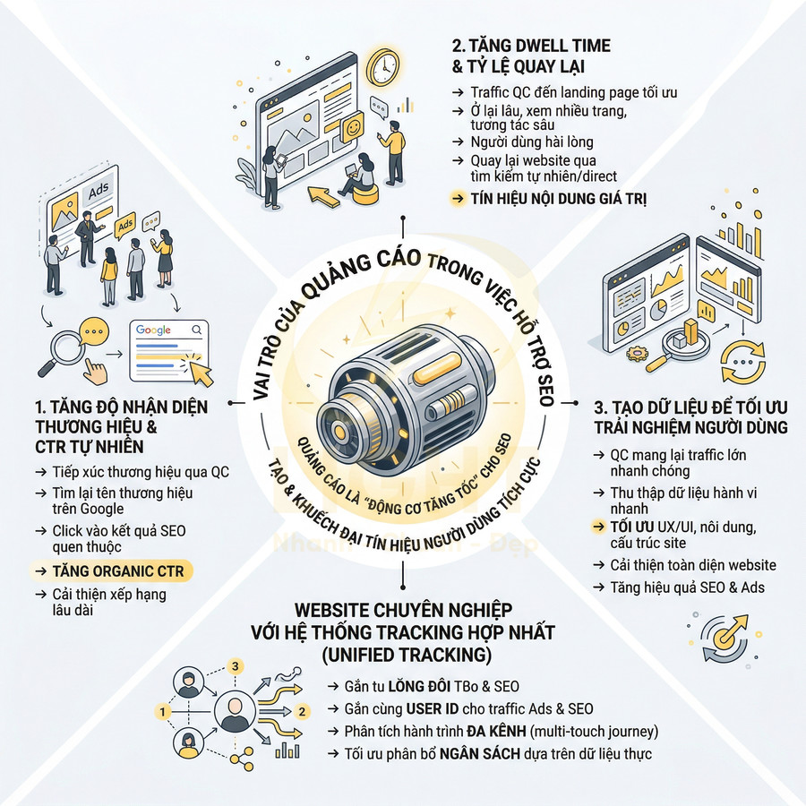 Infographic vai trò quảng cáo trong việc hỗ trợ SEO, tăng nhận diện thương hiệu, CTR và tối ưu trải nghiệm người dùng