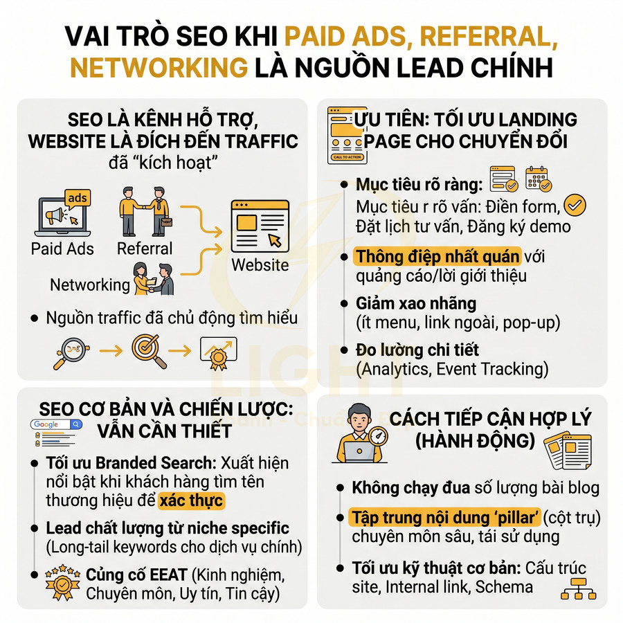 Infographic vai trò SEO khi paid ads referral networking là nguồn lead chính và các chiến lược tối ưu chuyển đổi