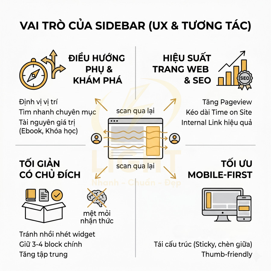 Infographic vai trò của sidebar trong UX và SEO, tối ưu điều hướng, hiệu suất trang web và trải nghiệm mobile-first
