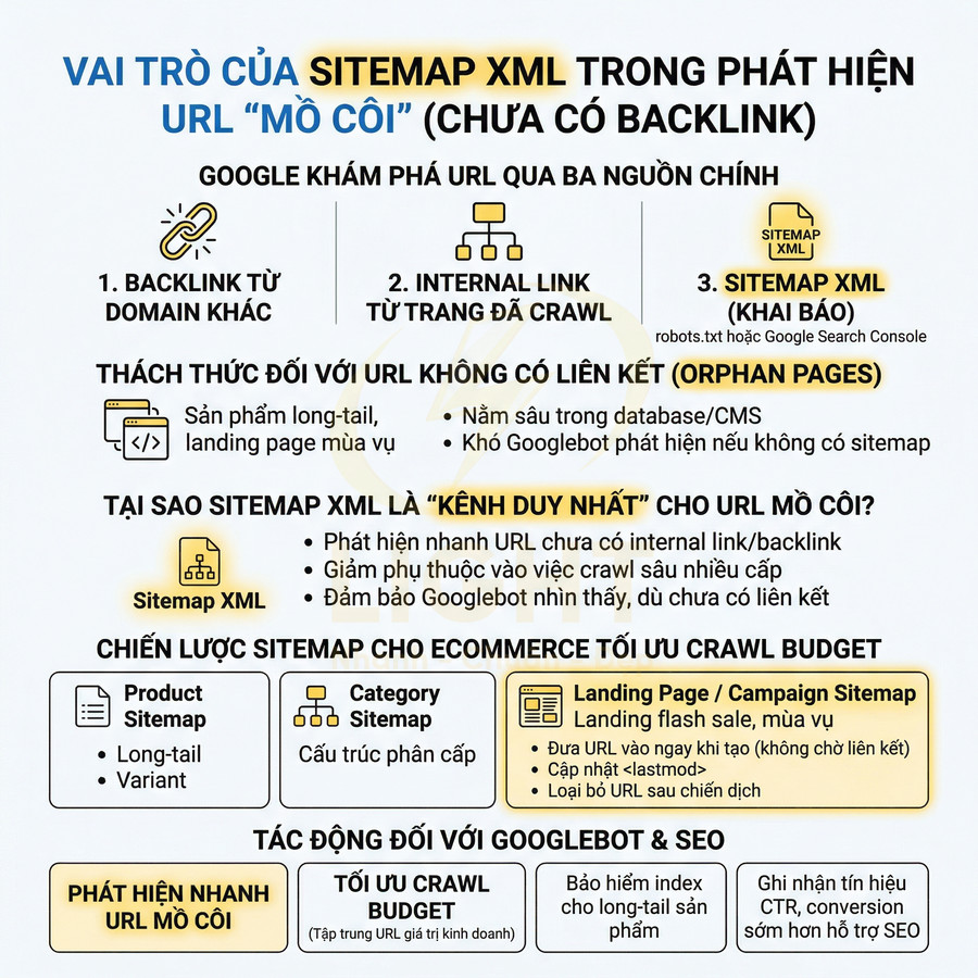 Infographic vai trò sitemap XML trong phát hiện URL mồ côi và chiến lược sitemap cho website ecommerce tối ưu SEO