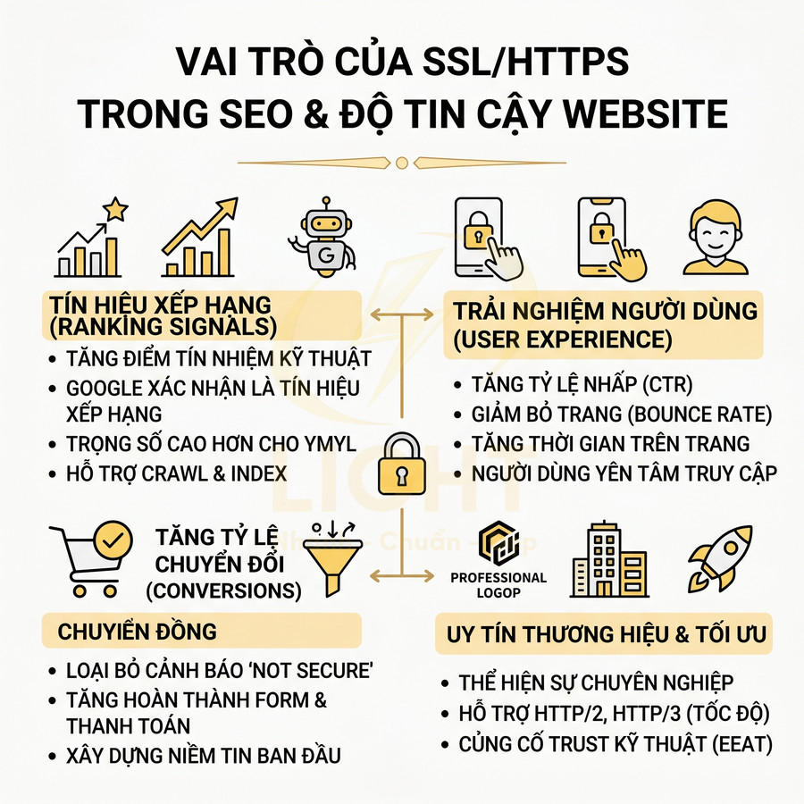 Infographic vai trò của SSL HTTPS trong SEO, trải nghiệm người dùng, chuyển đổi và uy tín thương hiệu website