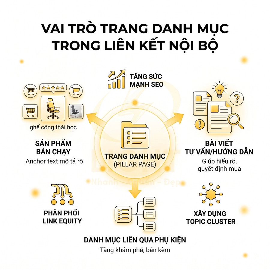 Vai trò trang danh mục trong liên kết nội bộ SEO với sản phẩm ghế công thái học và các danh mục liên quan