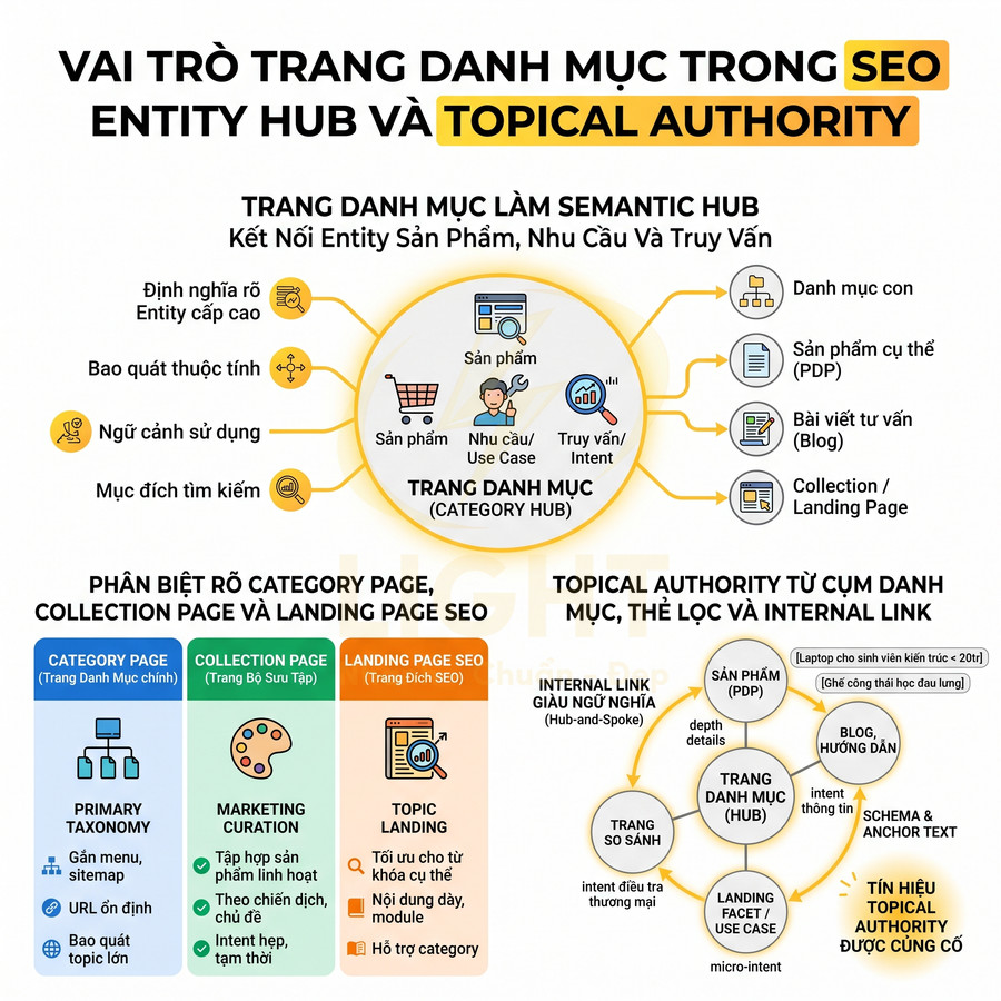 Vai trò trang danh mục trong SEO, entity hub và topical authority với phân loại category, collection, landing page