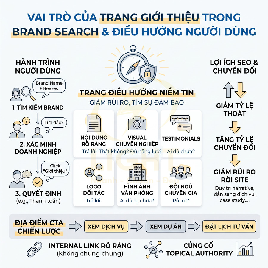 Infographic vai trò trang giới thiệu trong brand search, điều hướng người dùng và tối ưu SEO, chuyển đổi trên website