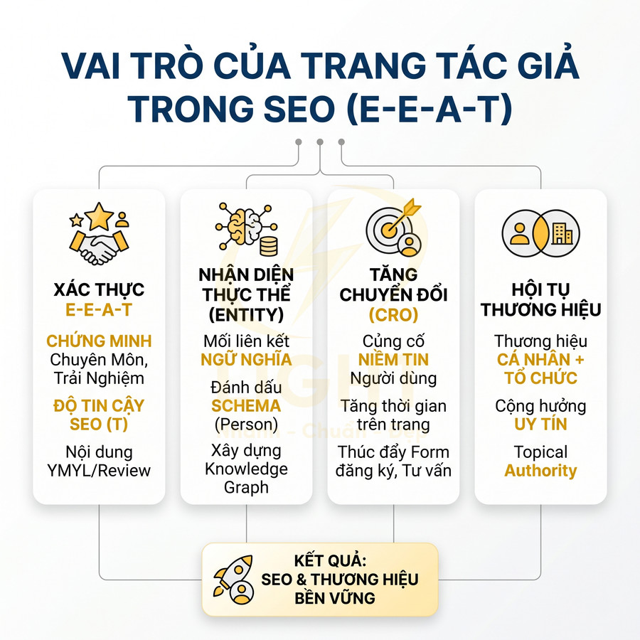 Infographic vai trò trang tác giả trong SEO E-E-A-T với bốn cột lợi ích và kết quả SEO thương hiệu bền vững