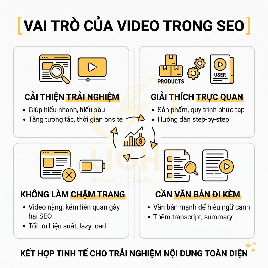 Infographic vai trò của video trong SEO với các lợi ích cải thiện trải nghiệm, giải thích trực quan, tối ưu tốc độ và cần văn bản đi kèm
