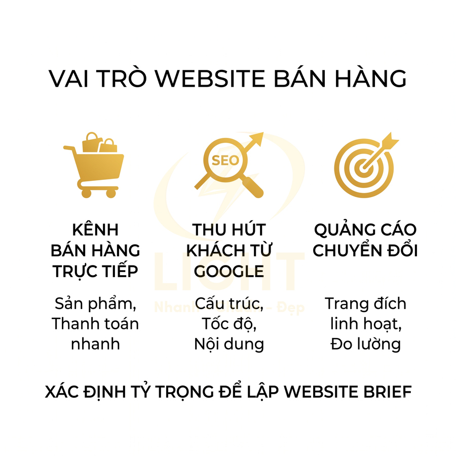 Vai trò website bán hàng với ba lợi ích chính: kênh bán hàng trực tiếp, thu hút khách từ Google, quảng cáo chuyển đổi