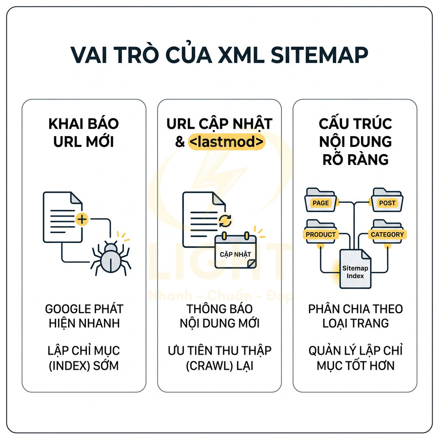 Vai trò của XML sitemap trong SEO giúp Google index URL mới, cập nhật nội dung và cấu trúc website rõ ràng
