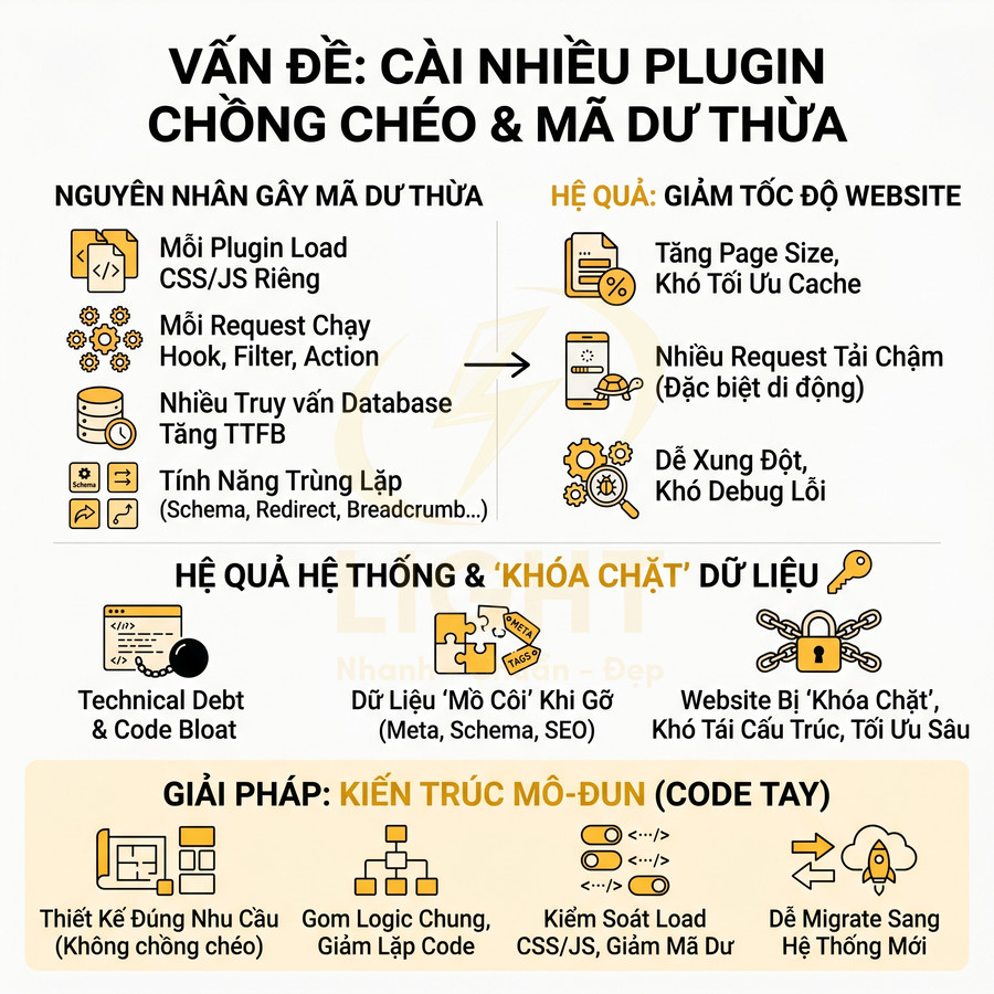 Infographic giải thích tác hại cài nhiều plugin WordPress chồng chéo và giải pháp kiến trúc mô đun code tay