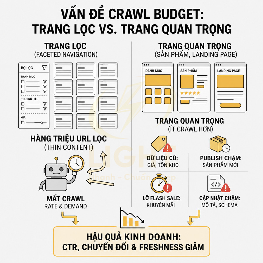 Infographic giải thích vấn đề crawl budget giữa trang lọc faceted navigation và trang quan trọng sản phẩm, landing page trong SEO