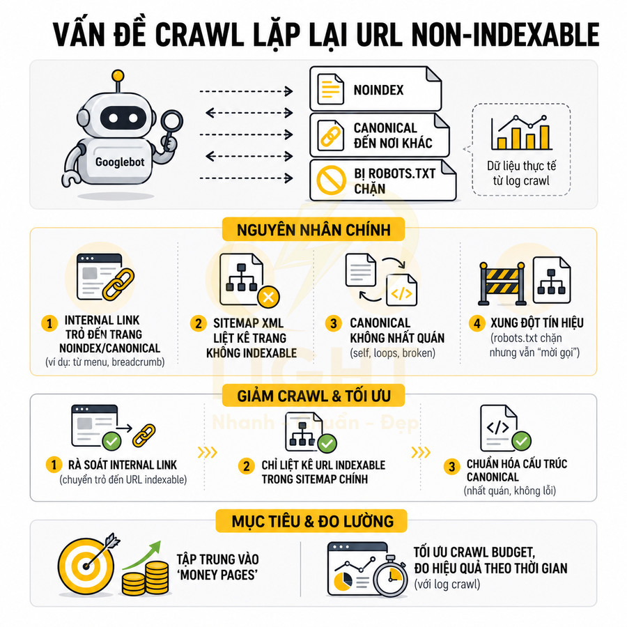 Infographic Googlebot giải thích vấn đề crawl lặp lại URL non indexable và cách tối ưu crawl budget SEO