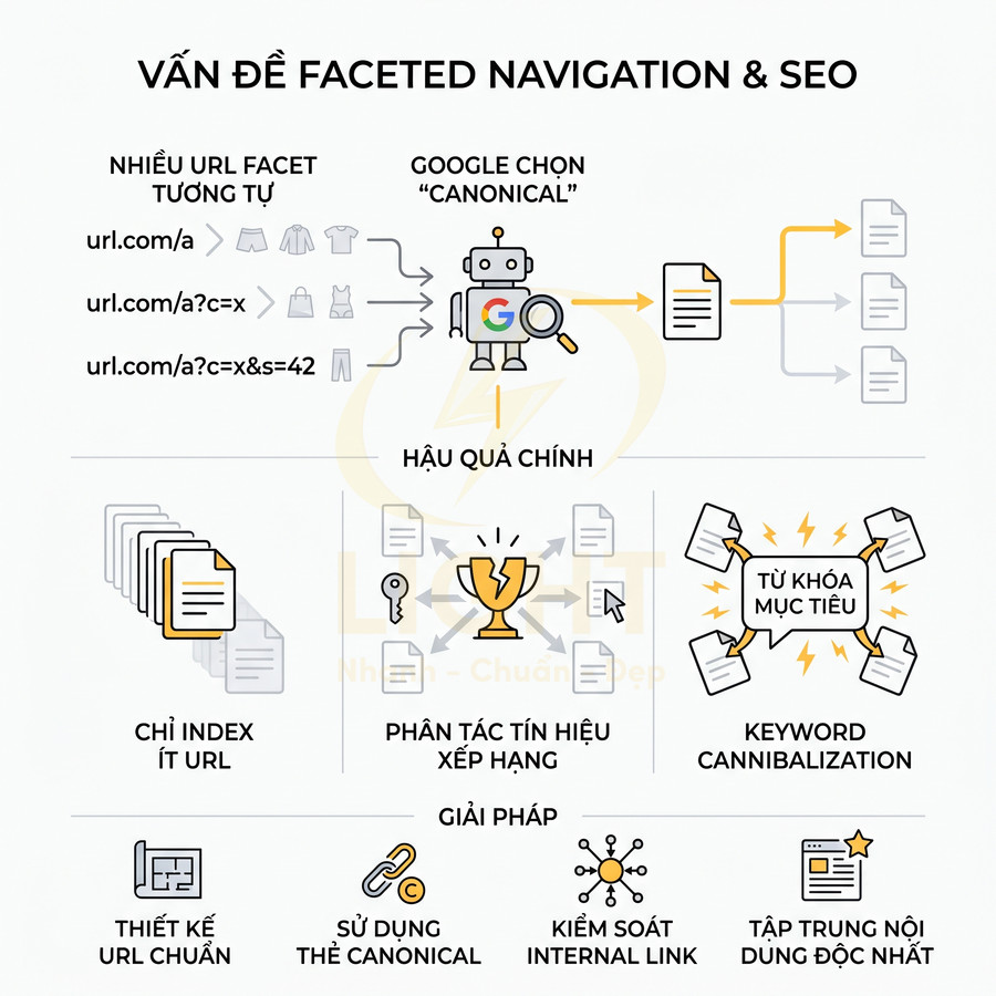 Minh họa vấn đề faceted navigation và SEO, Google chọn canonical, hậu quả và giải pháp tối ưu URL, canonical, internal link