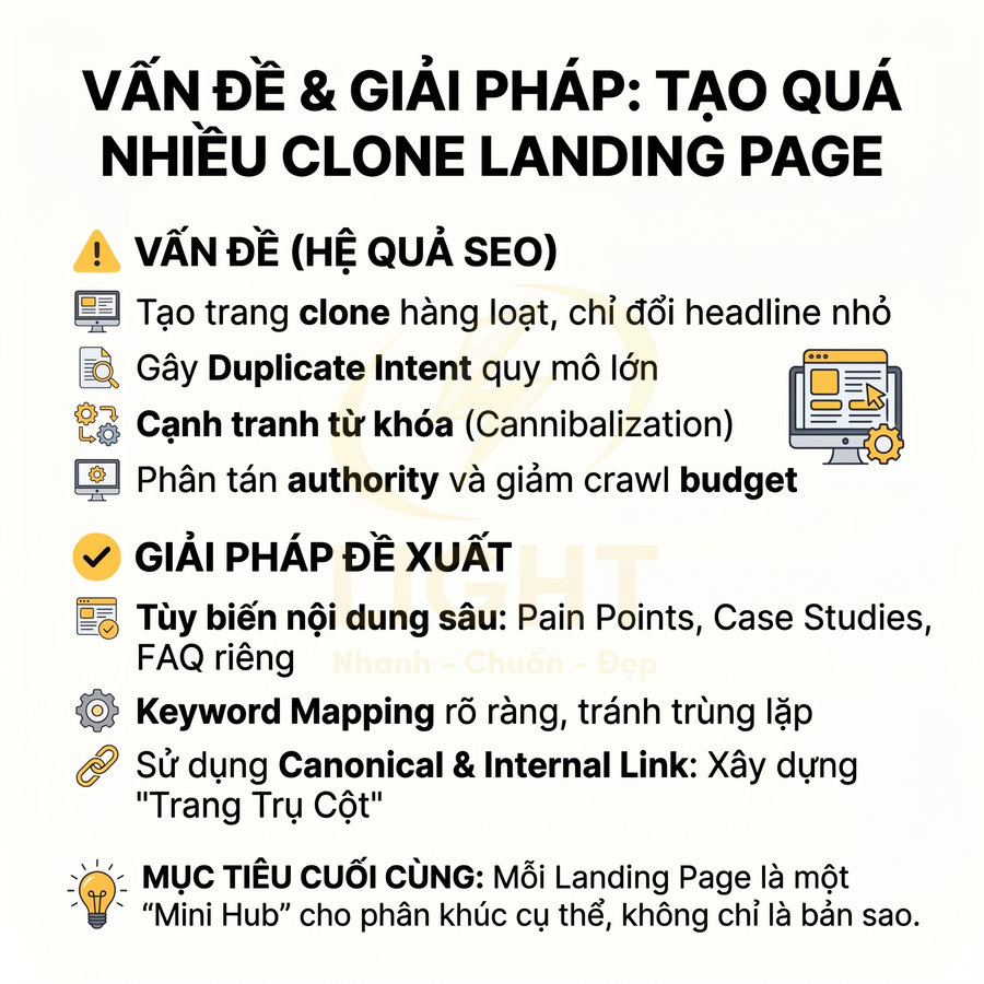 Vấn đề và giải pháp SEO khi tạo quá nhiều clone landing page, tránh duplicate intent và cạnh tranh từ khóa