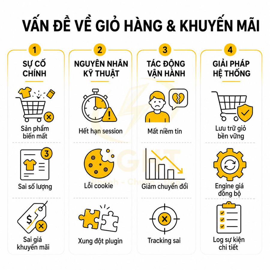 Các vấn đề giỏ hàng khuyến mãi và giải pháp kỹ thuật giúp lưu trữ giỏ bền vững tăng chuyển đổi