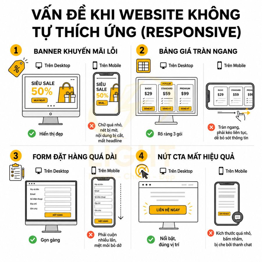 Infographic các lỗi website không responsive với banner khuyến mãi, bảng giá, form đặt hàng và nút CTA trên desktop và mobile