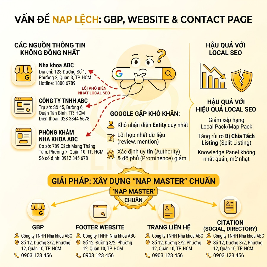 Infographic giải thích vấn đề NAP lệch và giải pháp xây dựng NAP Master chuẩn cho SEO local của nha khoa ABC