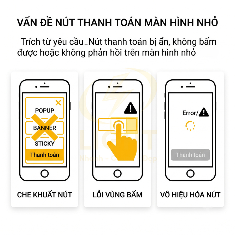 Minh họa lỗi nút thanh toán trên màn hình điện thoại nhỏ bị che khuất, lỗi vùng bấm và bị vô hiệu hóa