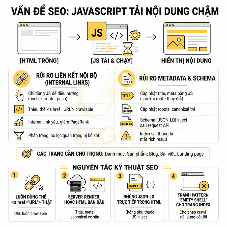 Infographic giải thích vấn đề SEO khi JavaScript tải nội dung chậm và các nguyên tắc kỹ thuật tối ưu website