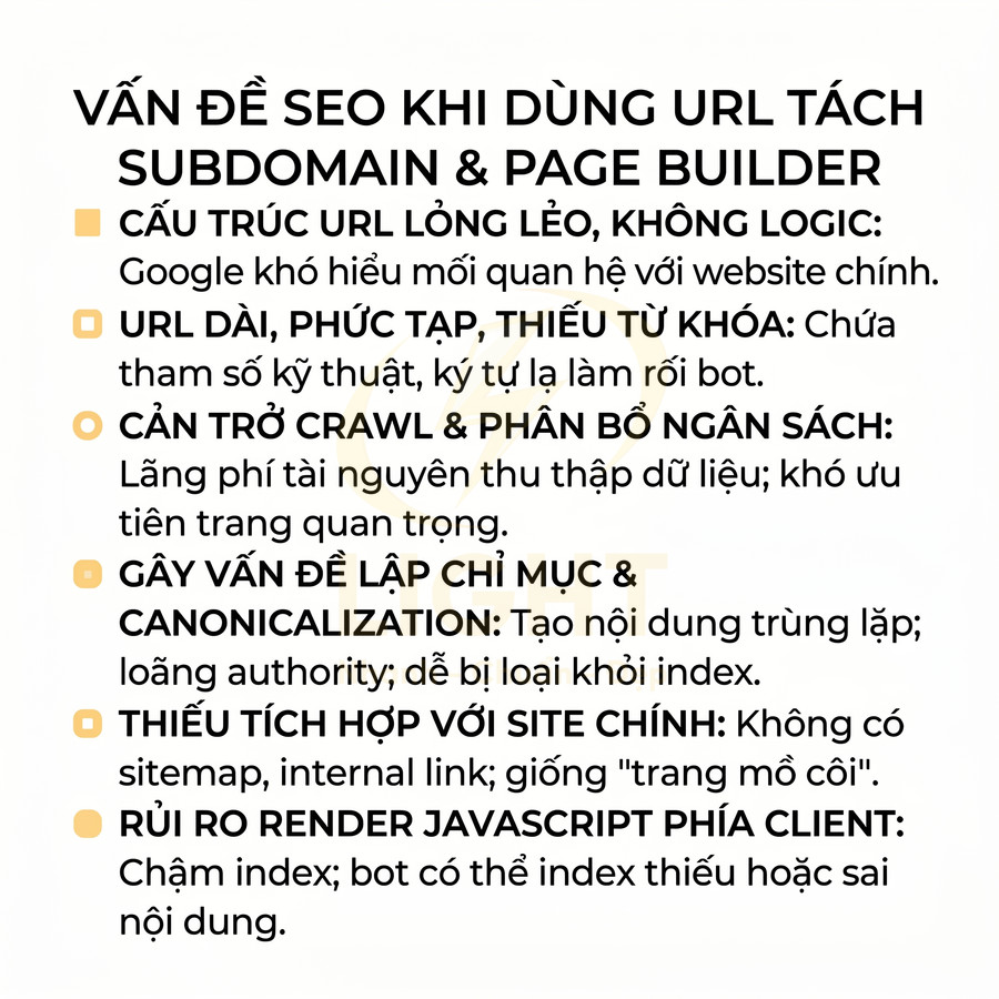 Các vấn đề SEO khi dùng URL tách subdomain và page builder như URL dài, khó crawl, lập chỉ mục kém