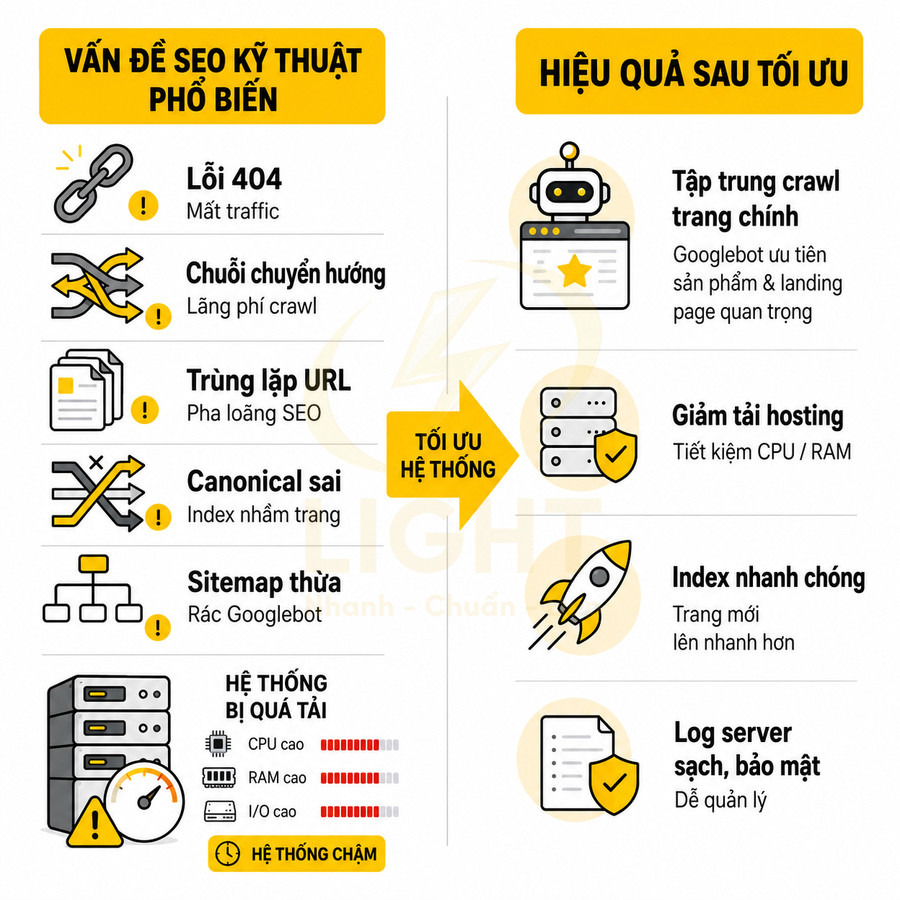 Infographic các lỗi SEO kỹ thuật phổ biến và lợi ích sau khi tối ưu hệ thống website