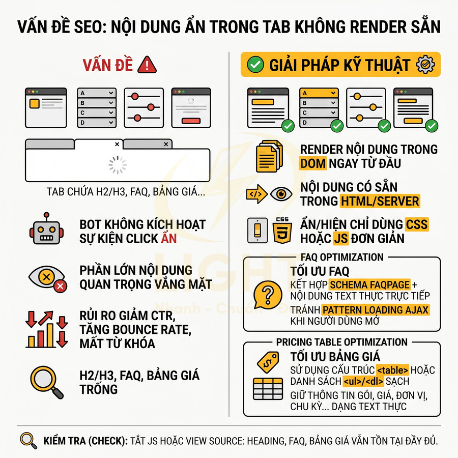 Infographic hướng dẫn xử lý vấn đề SEO nội dung ẩn trong tab không render sẵn và các giải pháp kỹ thuật tối ưu