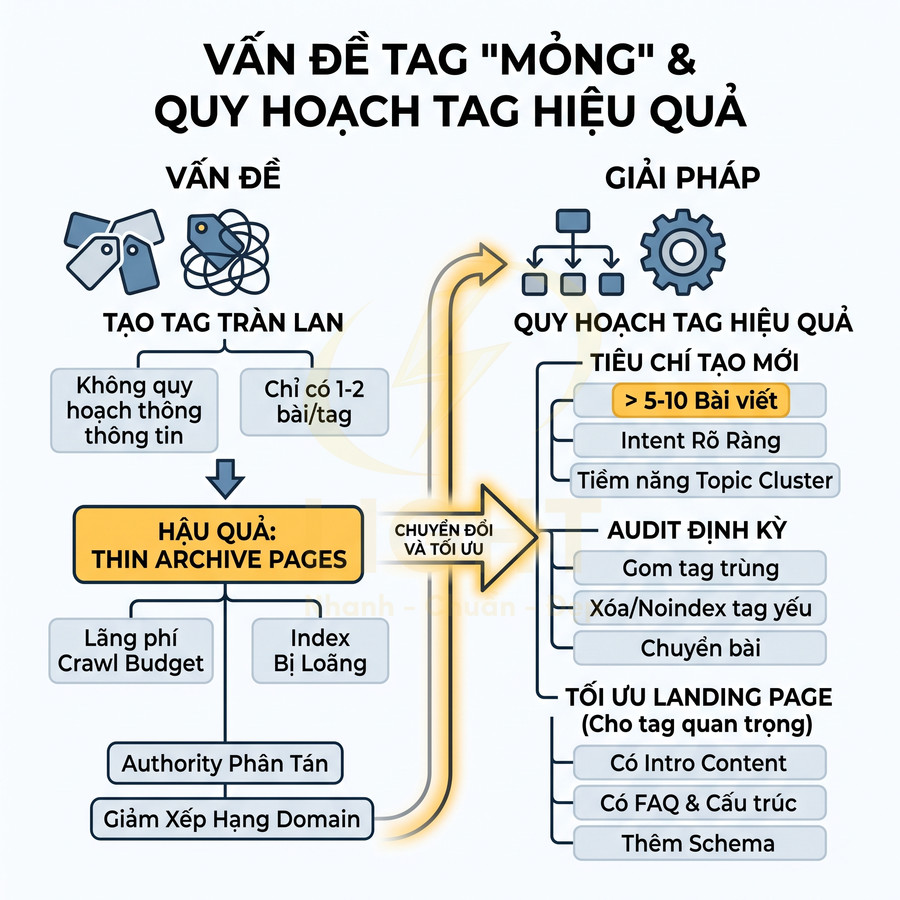 Sơ đồ vấn đề tag mỏng và giải pháp quy hoạch tag hiệu quả trong SEO, tối ưu landing page và cấu trúc nội dung