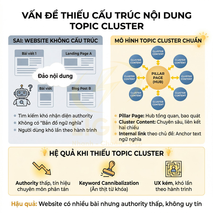 Infographic giải thích vấn đề thiếu cấu trúc nội dung topic cluster và hậu quả với SEO website
