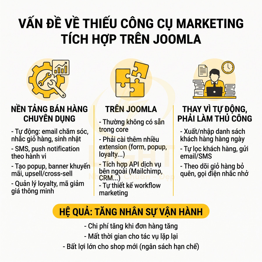 Vấn đề thiếu công cụ marketing tích hợp trên Joomla và hệ quả tăng nhân sự vận hành cho shop online