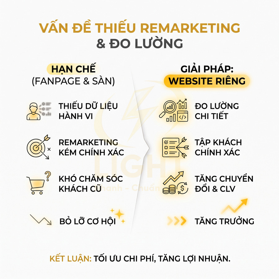 So sánh hạn chế remarketing trên fanpage sàn với giải pháp website riêng giúp đo lường chi tiết và tăng trưởng doanh thu