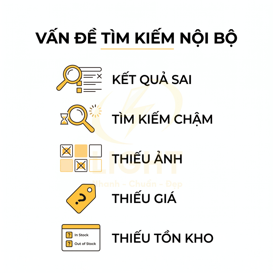 Các vấn đề tìm kiếm nội bộ website gồm kết quả sai, tìm kiếm chậm, thiếu ảnh, thiếu giá và thiếu tồn kho