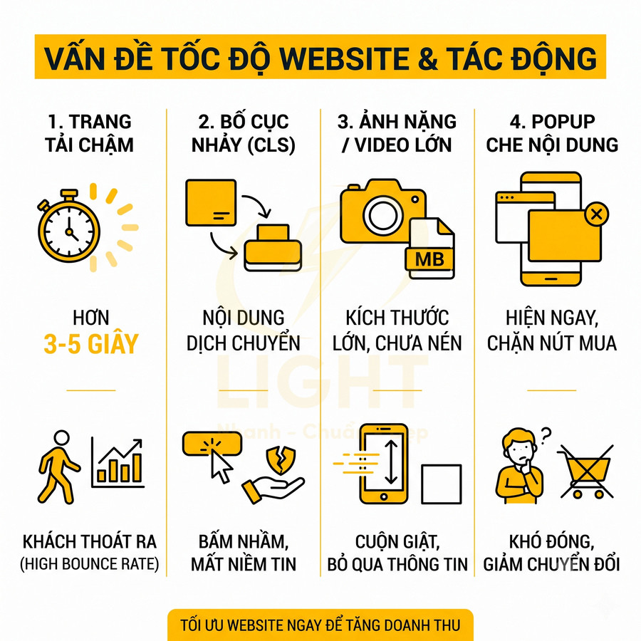 Infographic các vấn đề tốc độ website như trang tải chậm, ảnh nặng, popup che nội dung và tác động đến chuyển đổi
