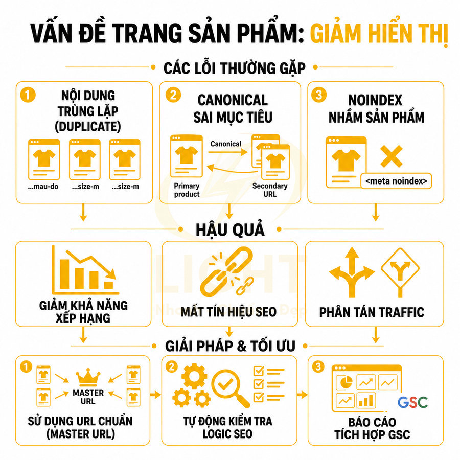 Infographic lỗi SEO trang sản phẩm và giải pháp tối ưu URL chuẩn, canonical, noindex để tăng hiển thị