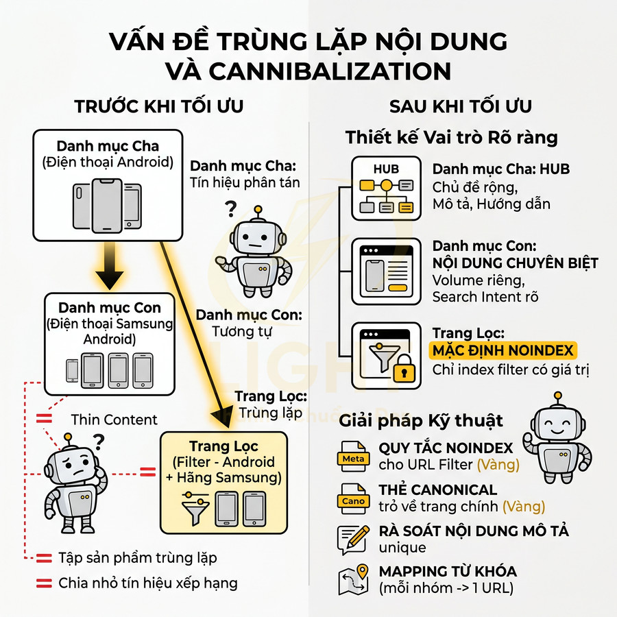 Mô hình robot minh họa quy trình tối ưu danh mục sản phẩm tránh trùng lặp nội dung và cannibalization trong SEO