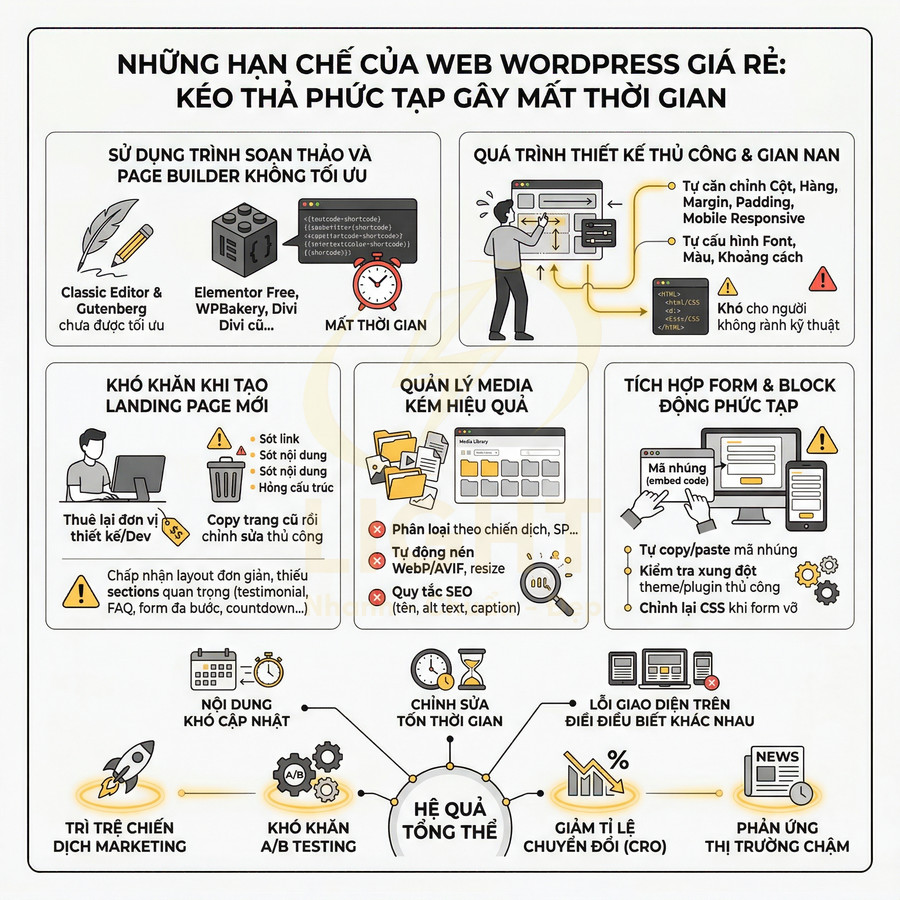 Infographic mô tả các vấn đề thường gặp khi dùng website WordPress giá rẻ thiếu tính năng kéo thả chỉnh sửa nội dung