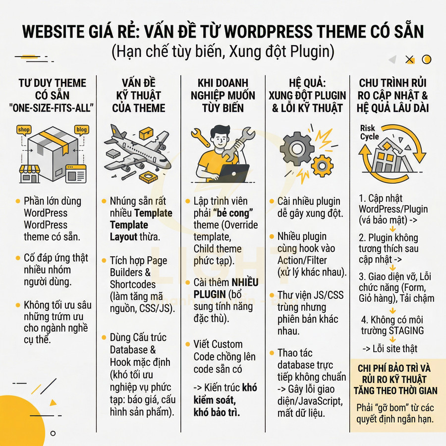 Infographic phân tích rủi ro khi dùng WordPress theme có sẵn, xung đột plugin và chi phí bảo trì website giá rẻ