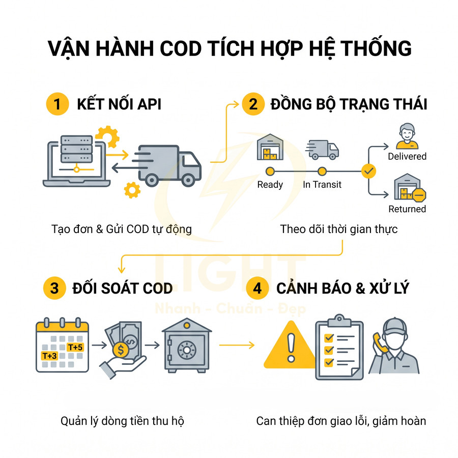 Quy trình vận hành COD tích hợp hệ thống với kết nối API, đồng bộ trạng thái, đối soát COD và cảnh báo xử lý