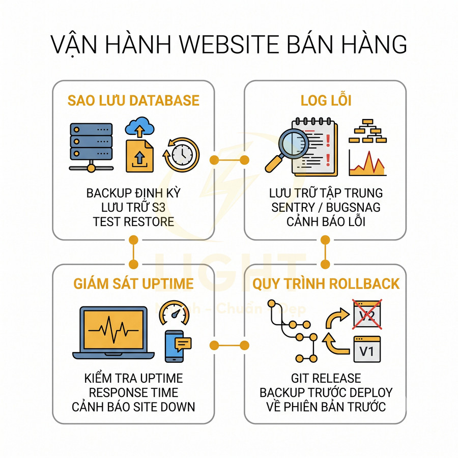 Sơ đồ vận hành website bán hàng với sao lưu database, log lỗi, giám sát uptime và quy trình rollback