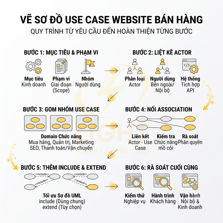 Quy trình vẽ sơ đồ use case website bán hàng với 6 bước từ xác định mục tiêu đến rà soát cuối cùng