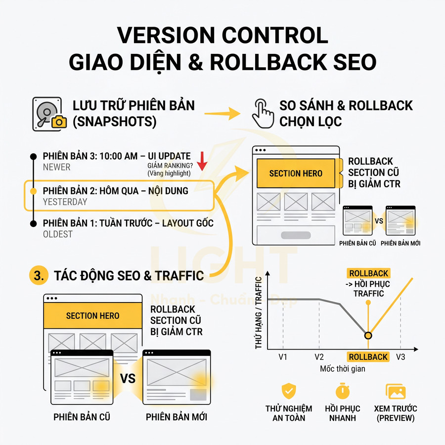 Minh họa quy trình version control giao diện web và rollback SEO để khôi phục traffic và CTR
