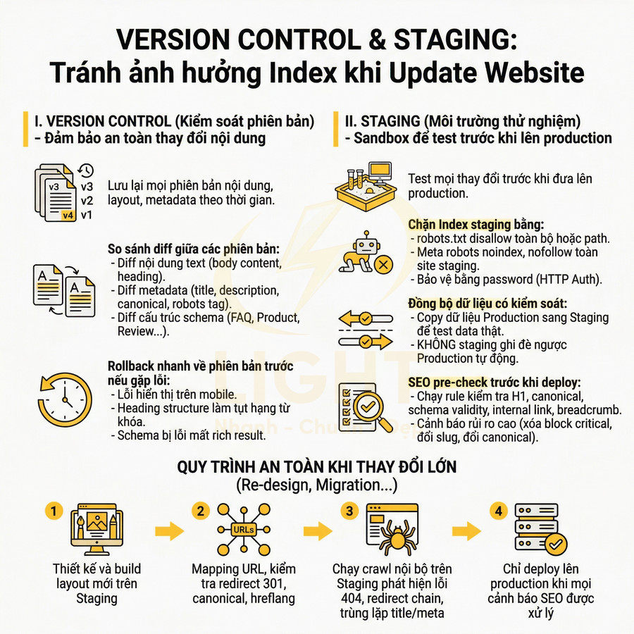 Infographic hướng dẫn dùng version control và staging để tránh ảnh hưởng index khi cập nhật website