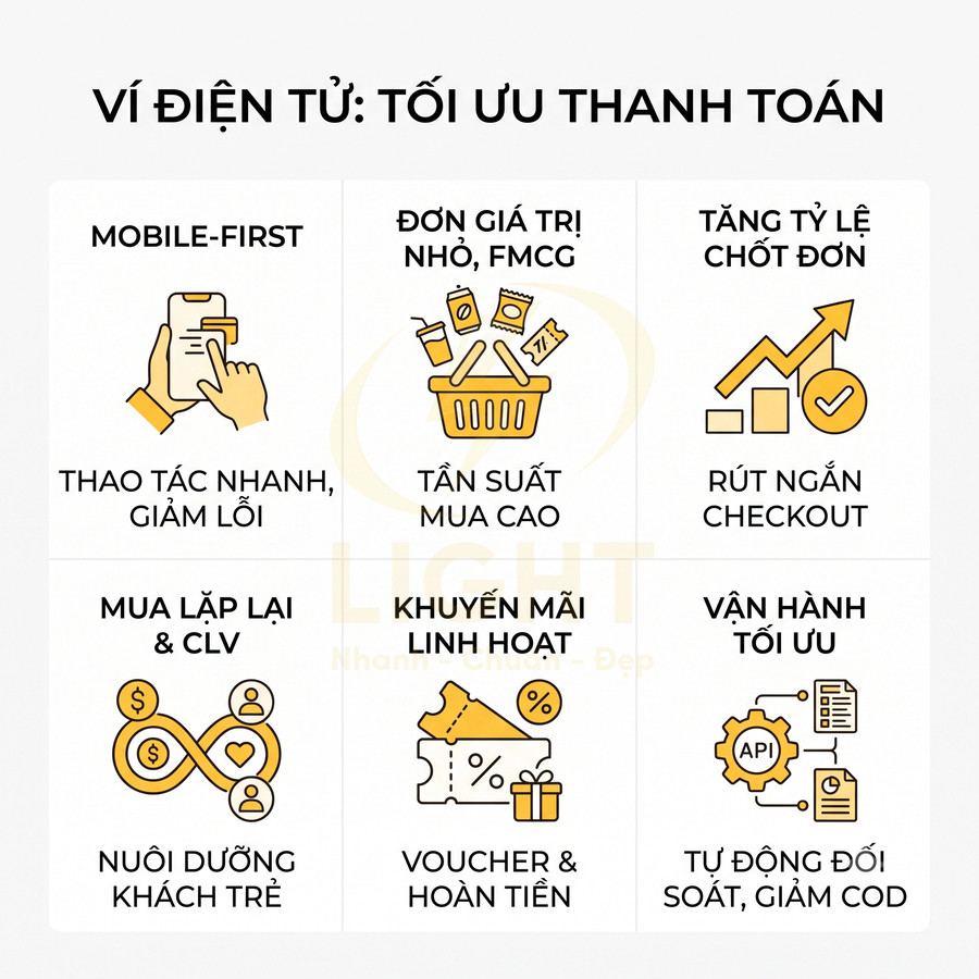 Infographic lợi ích ví điện tử trong tối ưu thanh toán online như mobile first, tăng chốt đơn, khuyến mãi và vận hành tự động