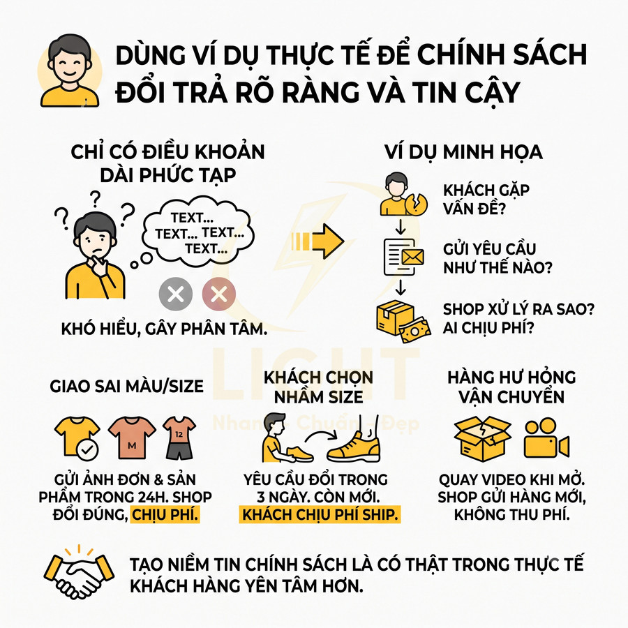 Infographic hướng dẫn xây dựng chính sách đổi trả rõ ràng, minh họa các bước xử lý khi khách gặp vấn đề