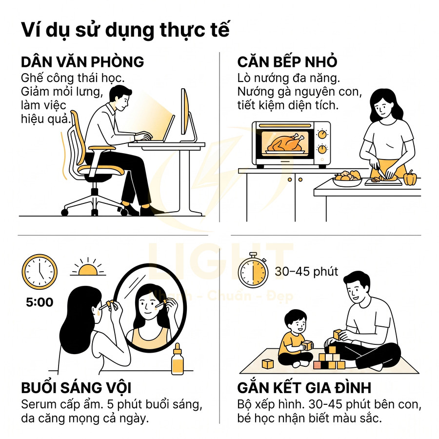 Minh họa các tình huống dùng sản phẩm: ghế công thái học, lò nướng đa năng, serum dưỡng da, bộ xếp hình cho bé
