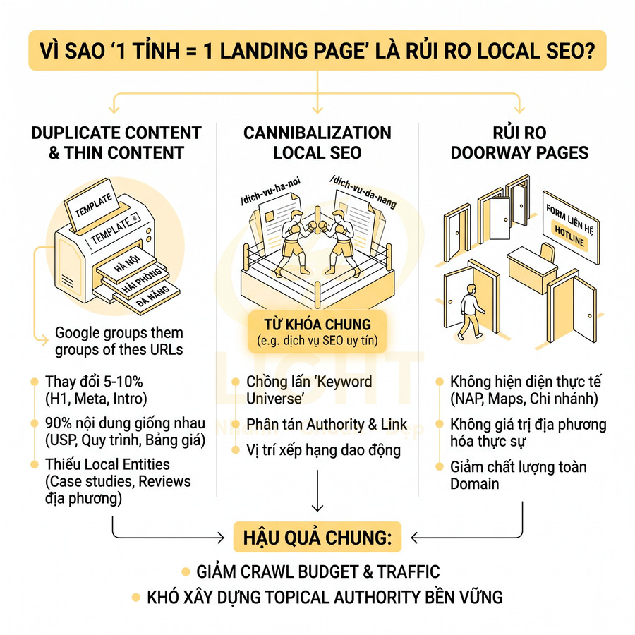 Infographic giải thích rủi ro local SEO khi mỗi tỉnh dùng một landing page, gồm duplicate content và doorway pages