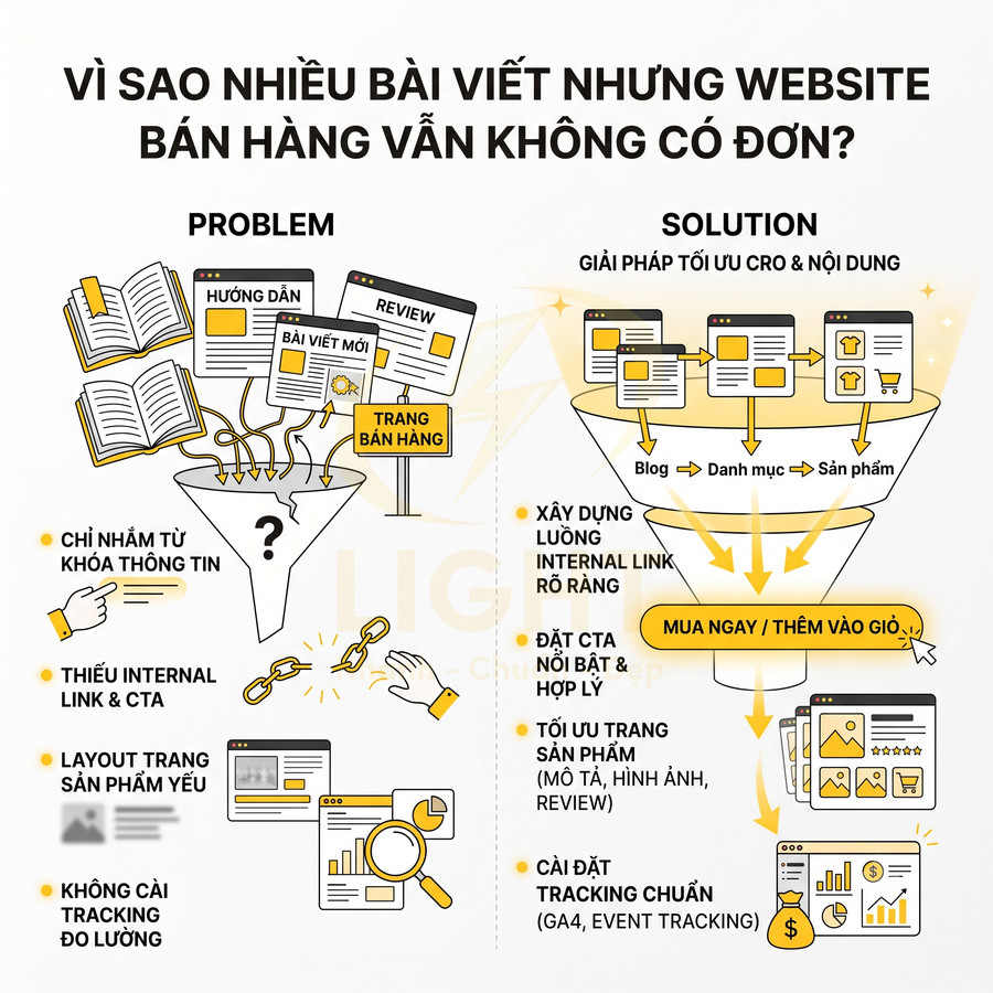 Infographic so sánh vấn đề và giải pháp tối ưu CRO nội dung giúp website bán hàng tăng đơn hàng